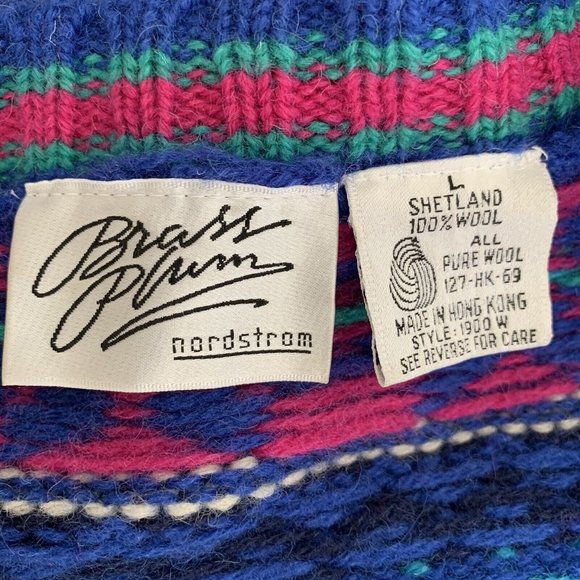 Vintage 80s Brass Plum Fair Isle Geometric New Wave Wool Sweater Cardigan - Picture 10 of 11